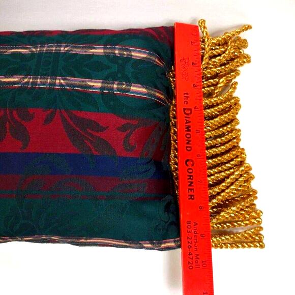 Vintage Rectangle Tapestry Pillow Heavy Gold Fringed Edge Scrolls and Stripes - Picture 6 of 8